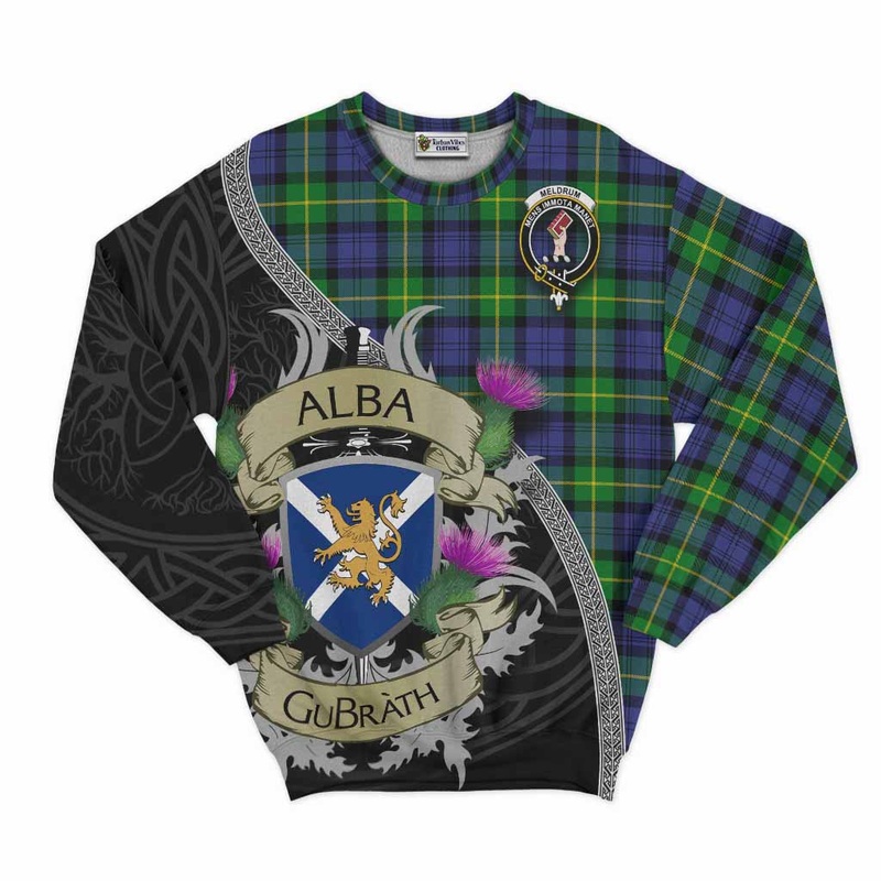 Meldrum Tartan Family Crest Sweatshirt Lion Rampant Royal Thistle Shield Celtic Inspired
