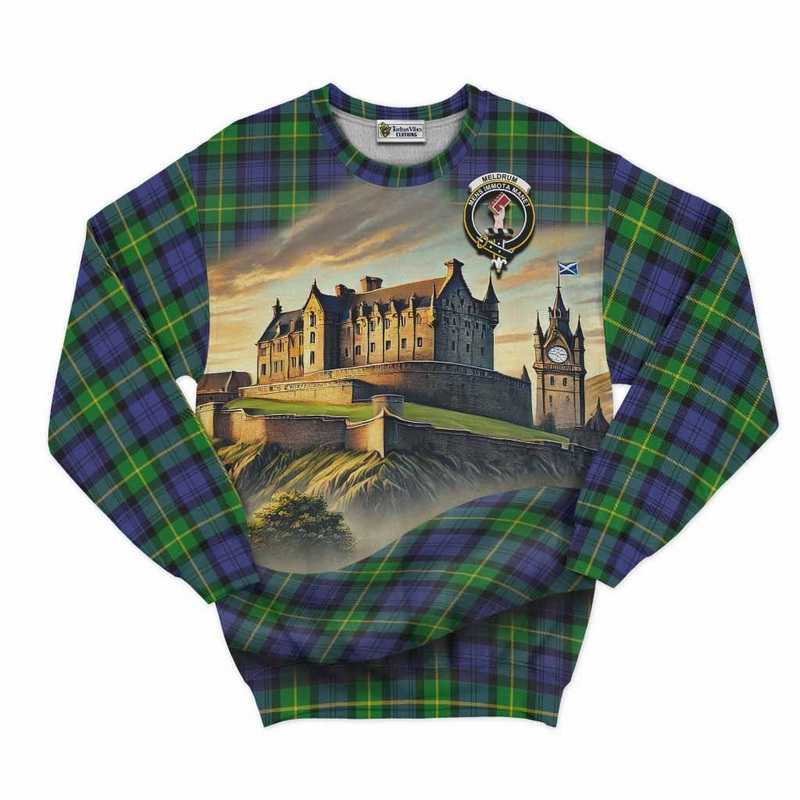 Meldrum Tartan Family Crest Sweatshirt with Scottish Ancient Castle Style