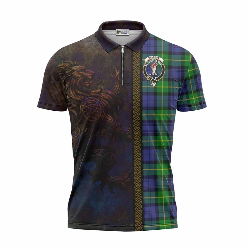 Meldrum Tartan Family Crest Zipper Polo Shirt Alba Gu Brath Be Brave Lion Ancient Style