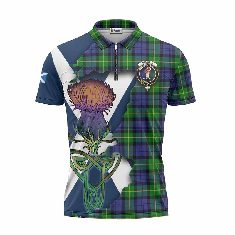 Meldrum Tartan Family Crest Zipper Polo Shirt Scottish Thistle Celtic Inspired