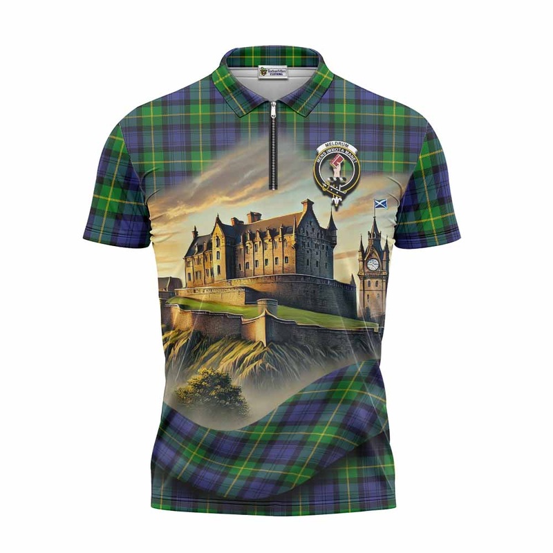 Meldrum Tartan Family Crest Zipper Polo Shirt with Scottish Ancient Castle Style