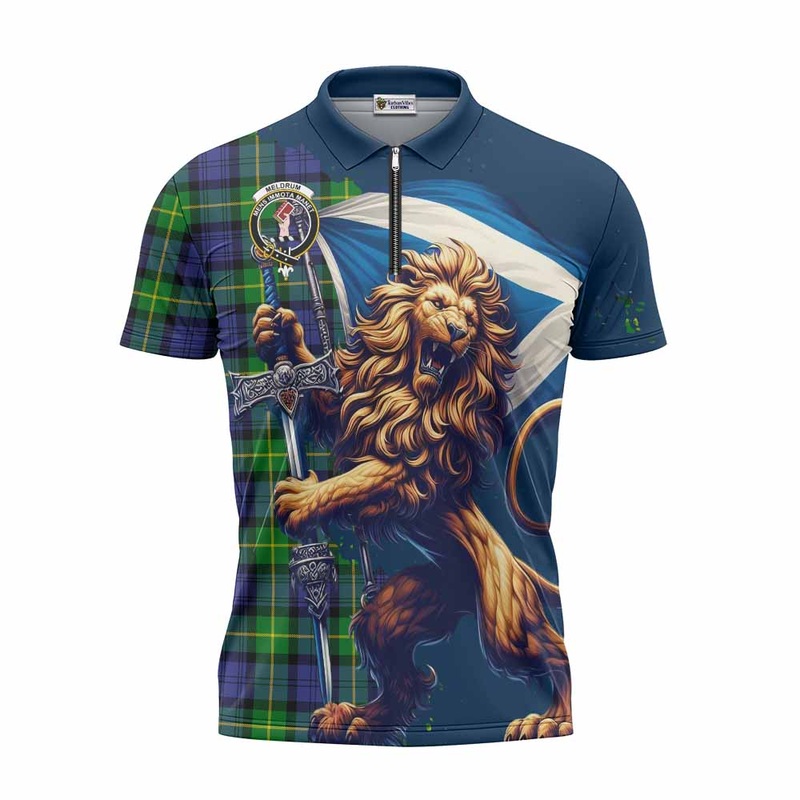 Meldrum Tartan Family Crest Zipper Polo Shirt with Scottish Majestic Lion