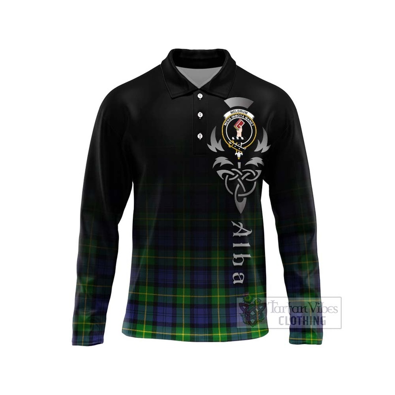 Meldrum Tartan Long Sleeve Polo Shirt Featuring Alba Gu Brath Family Crest Celtic Inspired