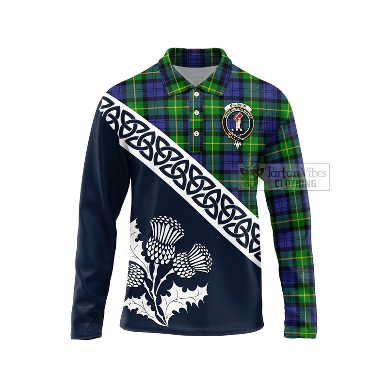 Meldrum Tartan Long Sleeve Polo Shirt Featuring Thistle and Scotland Map