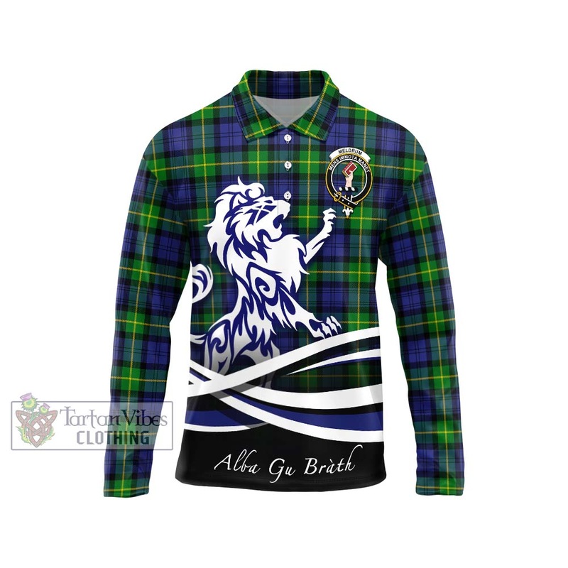 Meldrum Tartan Long Sleeve Polo Shirt with Alba Gu Brath Regal Lion Emblem