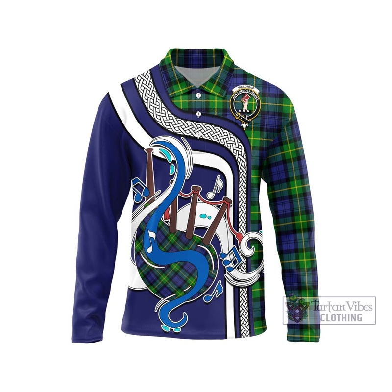 Meldrum Tartan Long Sleeve Polo Shirt with Epic Bagpipe Style