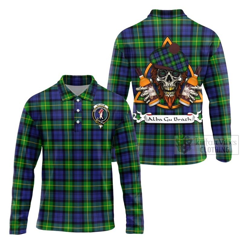 Meldrum Tartan Long Sleeve Polo Shirt with Family Crest and Bearded Skull Holding Bottles of Whiskey