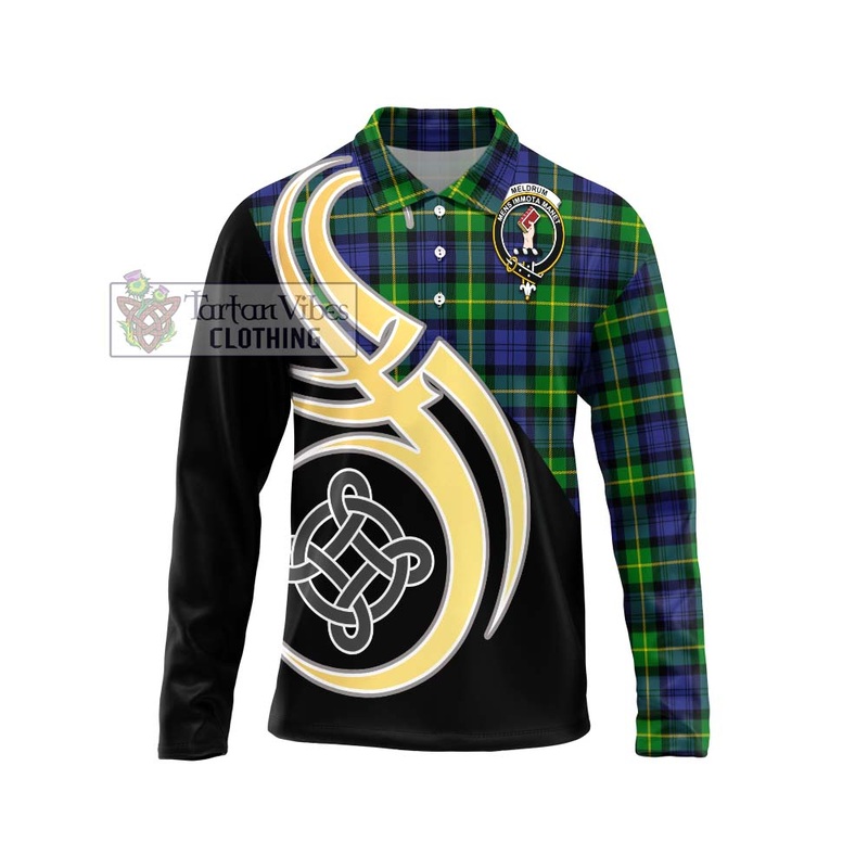 Meldrum Tartan Long Sleeve Polo Shirt with Family Crest and Celtic Symbol Style