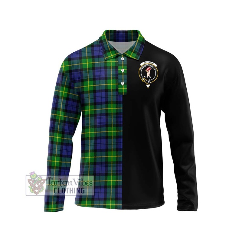 Meldrum Tartan Long Sleeve Polo Shirt with Family Crest and Half Of Me Style