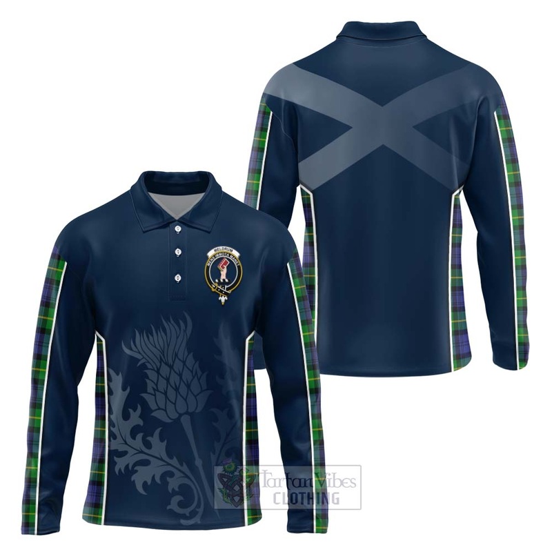 Meldrum Tartan Long Sleeve Polo Shirt with Family Crest and Scottish Thistle Vibes Sport Style