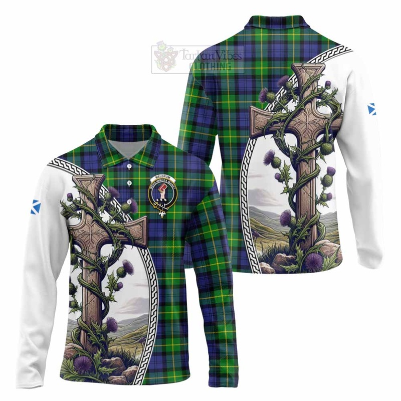 Meldrum Tartan Long Sleeve Polo Shirt with Family Crest and St. Andrew's Cross Accented by Thistle Vines