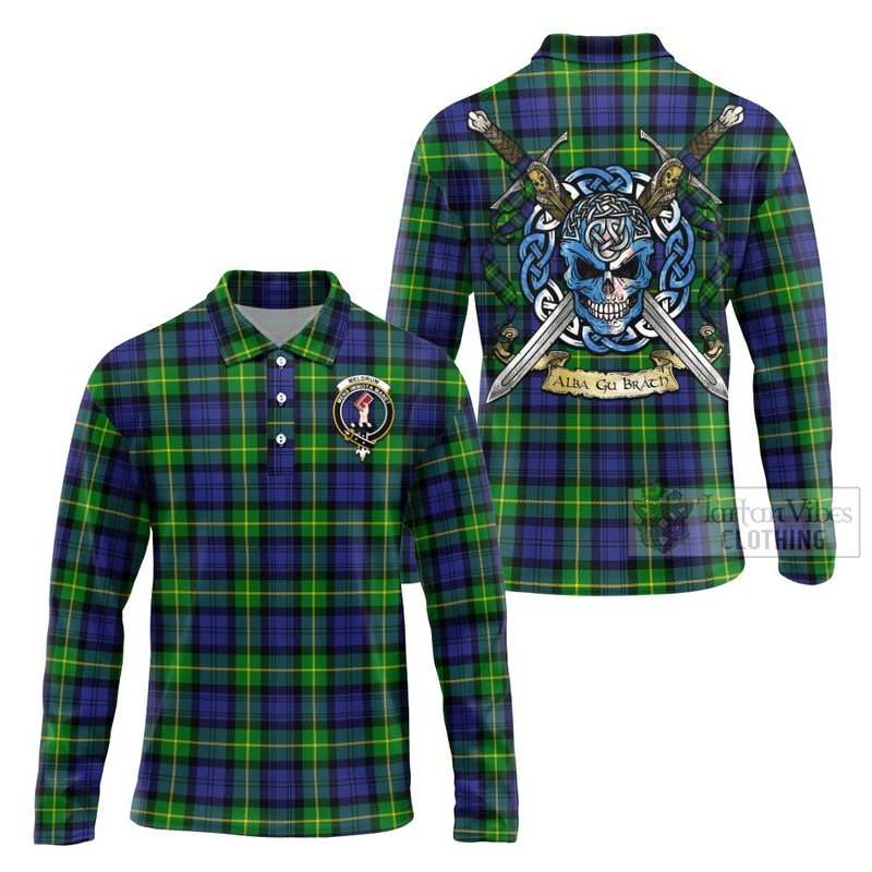 Meldrum Tartan Long Sleeve Polo Shirt with Family Crest Celtic Skull Style