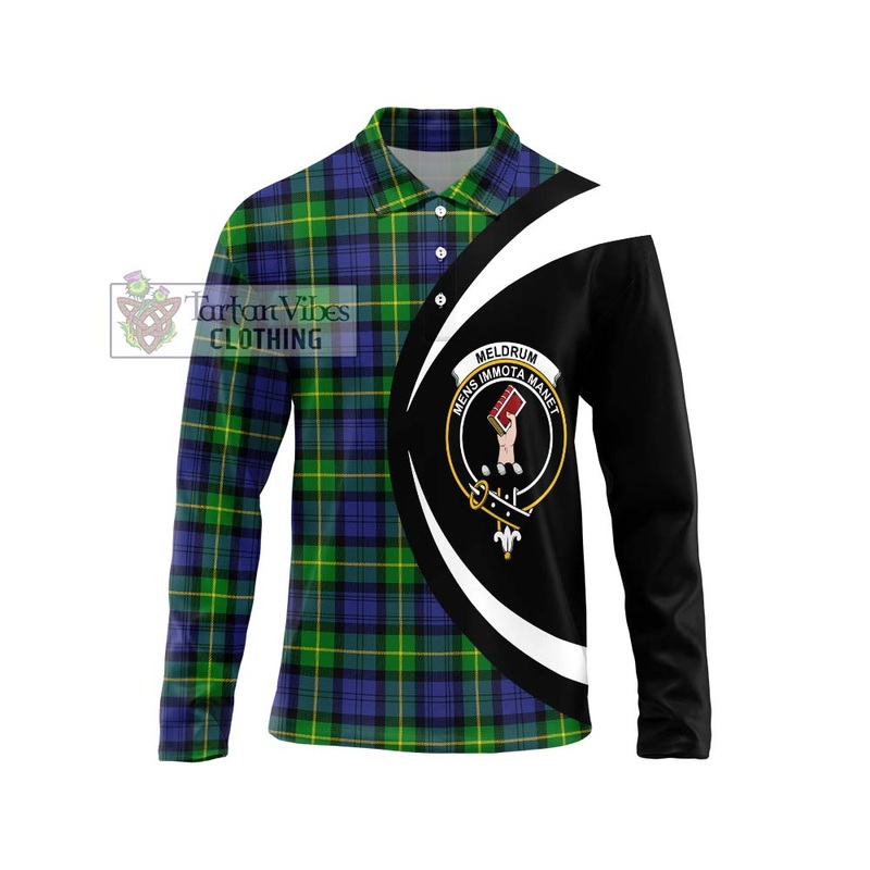 Meldrum Tartan Long Sleeve Polo Shirt with Family Crest Circle Style