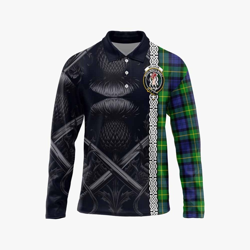 Meldrum Tartan Long Sleeve Polo Shirt with Family Crest Cross Sword Thistle Celtic Vibes