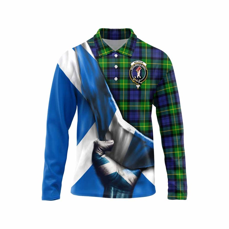 Meldrum Tartan Long Sleeve Polo Shirt with Family Crest Scotland Patriotic Style