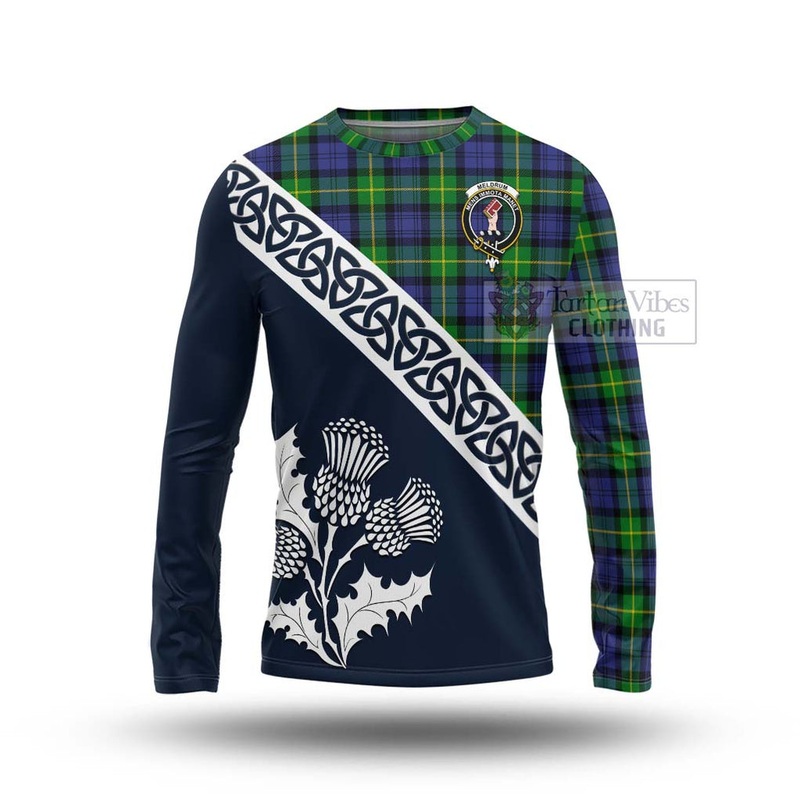 Meldrum Tartan Long Sleeve T-Shirt Featuring Thistle and Scotland Map
