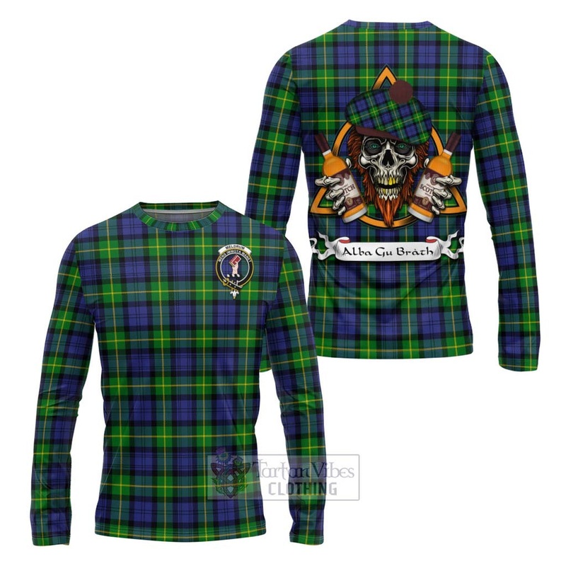 Meldrum Tartan Long Sleeve T-Shirt with Family Crest and Bearded Skull Holding Bottles of Whiskey