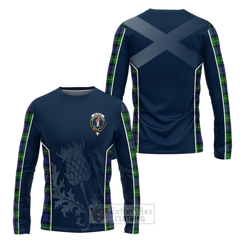 Meldrum Tartan Long Sleeve T-Shirt with Family Crest and Scottish Thistle Vibes Sport Style