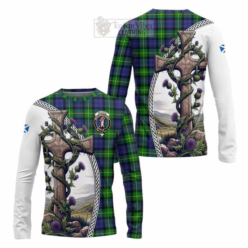 Meldrum Tartan Long Sleeve T-Shirt with Family Crest and St. Andrew's Cross Accented by Thistle Vines