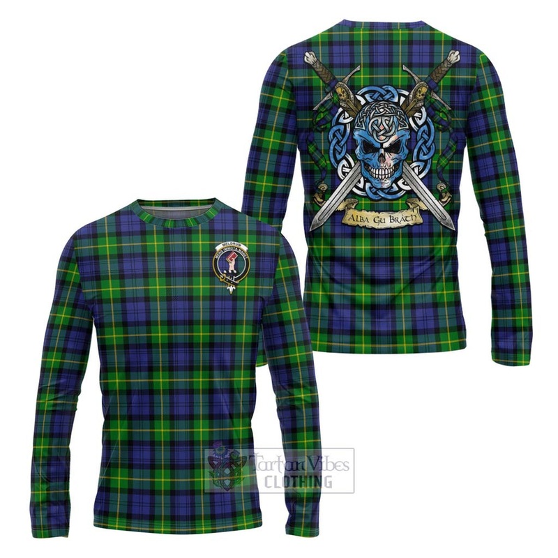 Meldrum Tartan Long Sleeve T-Shirt with Family Crest Celtic Skull Style