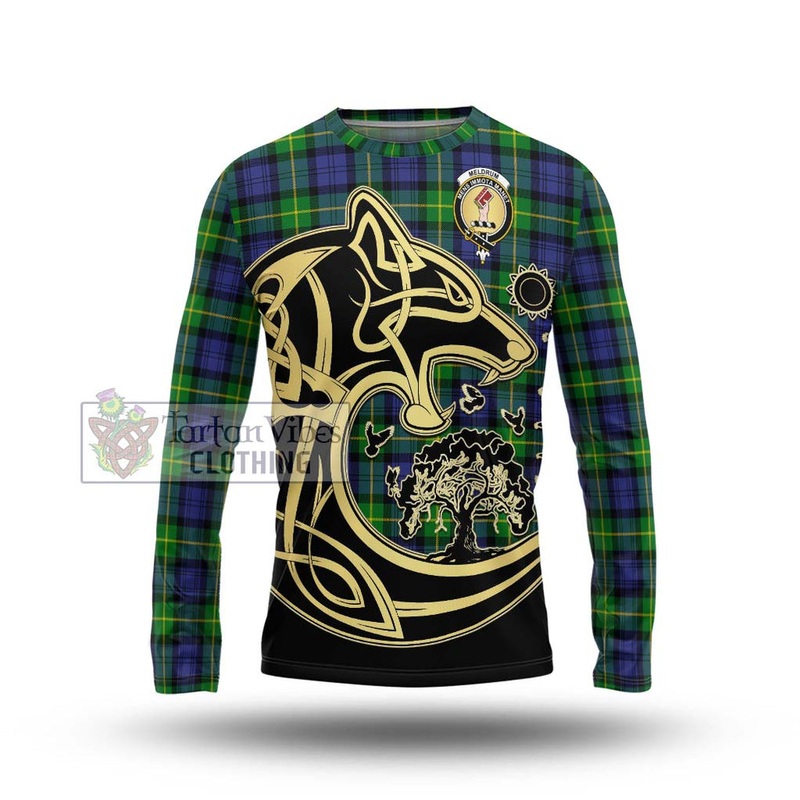 Meldrum Tartan Long Sleeve T-Shirt with Family Crest Celtic Wolf Style