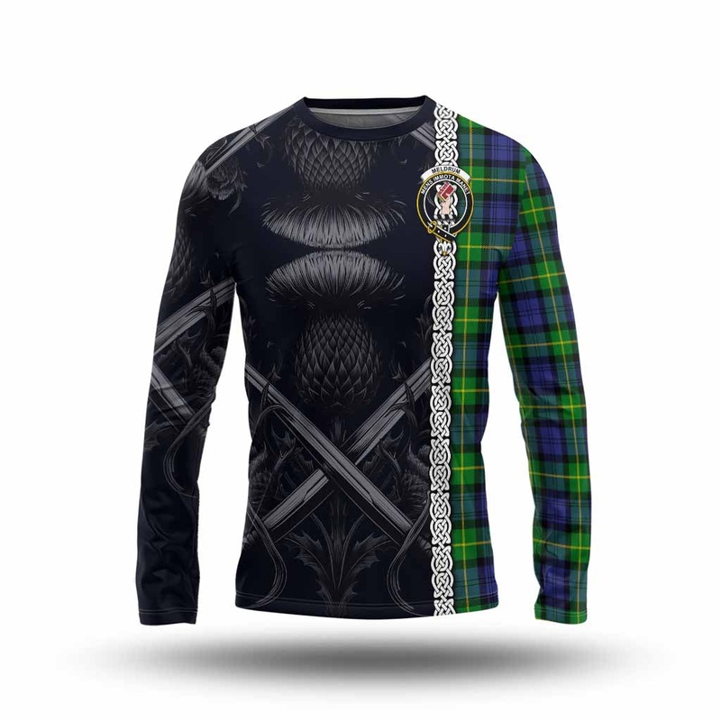 Meldrum Tartan Long Sleeve T-Shirt with Family Crest Cross Sword Thistle Celtic Vibes