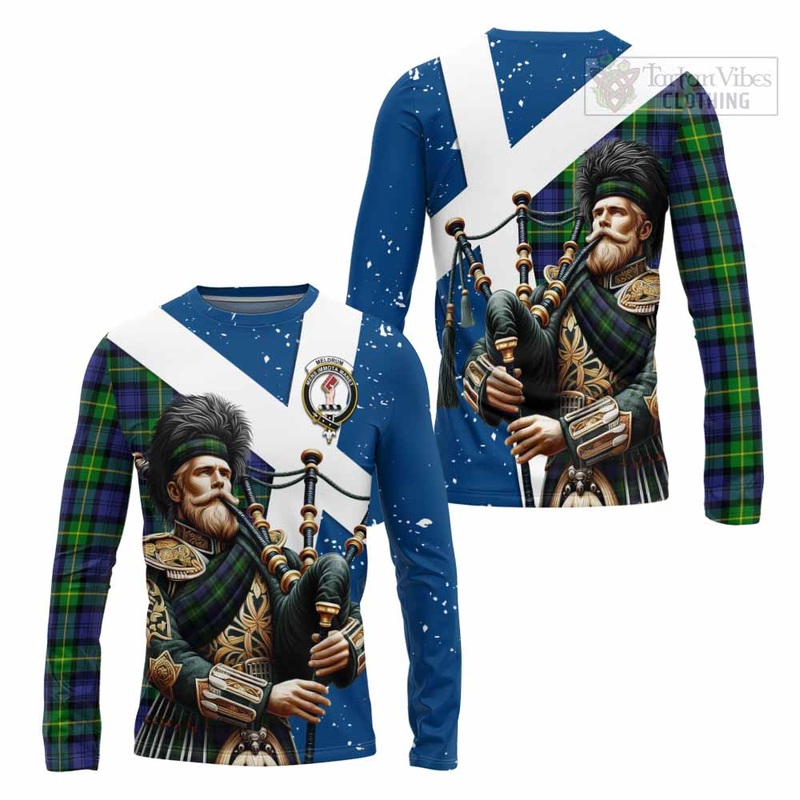 Meldrum Tartan Long Sleeve T-Shirt with Family Crest Scottish Bagpiper Vibes