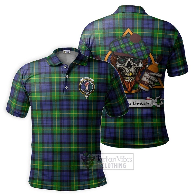 Meldrum Tartan Polo Shirt with Family Crest and Bearded Skull Holding Bottles of Whiskey