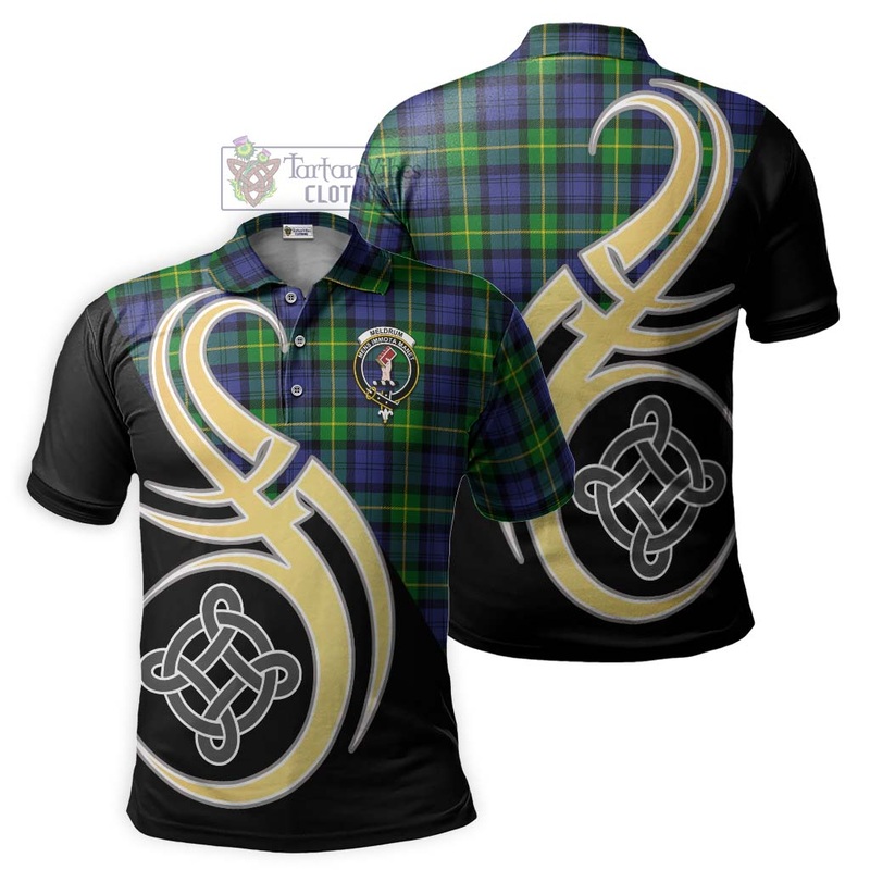 Meldrum Tartan Polo Shirt with Family Crest and Celtic Symbol Style