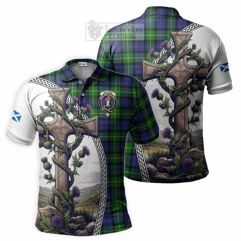 Meldrum Tartan Polo Shirt with Family Crest and St. Andrew's Cross Accented by Thistle Vines