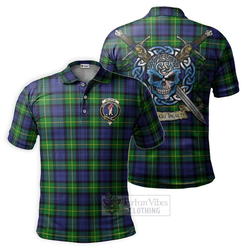 Meldrum Tartan Polo Shirt with Family Crest Celtic Skull Style