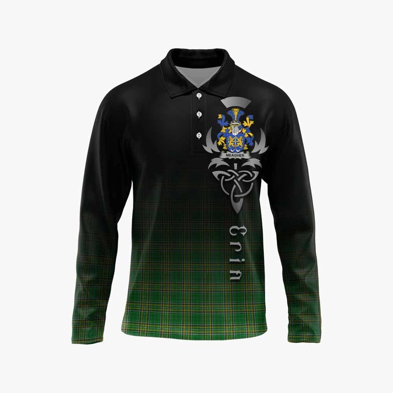 Meagher Irish Clan Long Sleeve Polo Shirt with Coat of Arms Erin Go Bragh Celtic Inspired