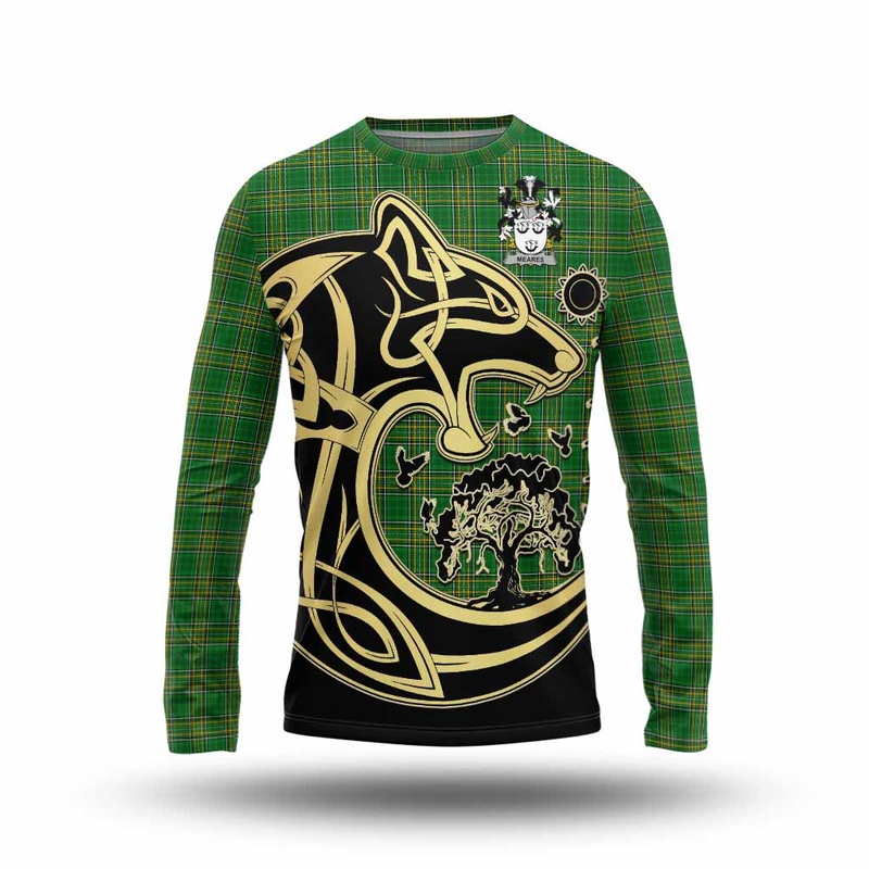 Meares Irish Tartan Long Sleeve T-Shirt with Coat of Arms Celtic Wolf Style