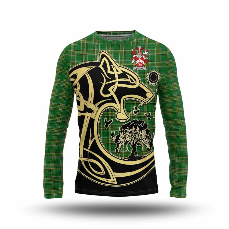 Meehan Irish Tartan Long Sleeve T-Shirt with Coat of Arms Celtic Wolf Style