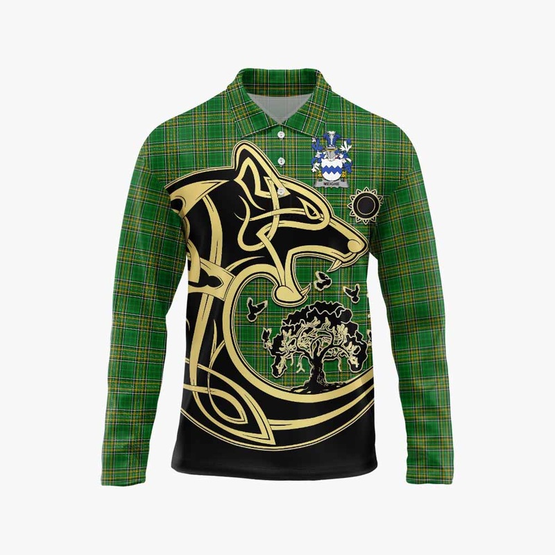Meighe Irish Tartan Long Sleeve Polo Shirt with Coat of Arms Celtic Wolf Style
