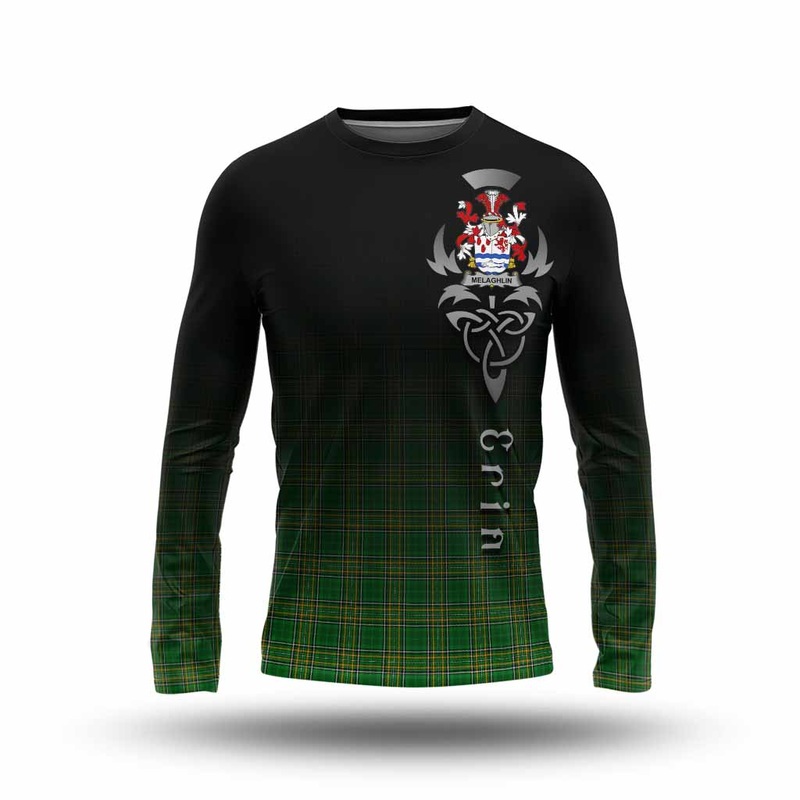 Melaghlin Irish Clan Long Sleeve T-Shirt with Coat of Arms Erin Go Bragh Celtic Inspired