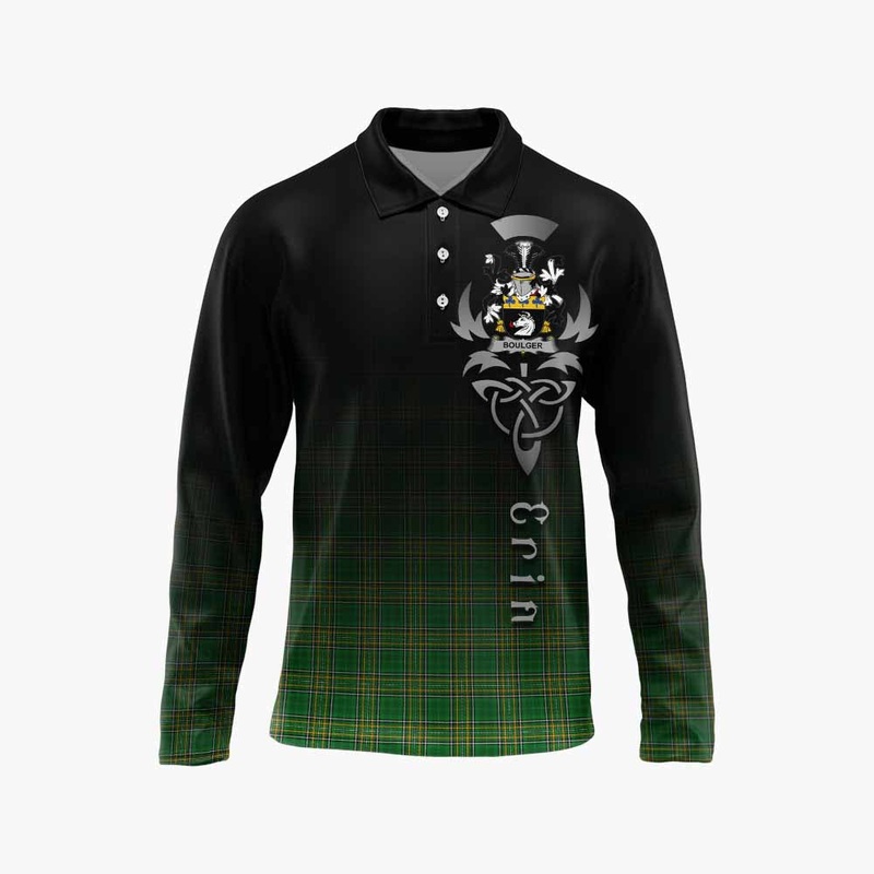 Boulger Irish Clan Long Sleeve Polo Shirt with Coat of Arms Erin Go Bragh Celtic Inspired