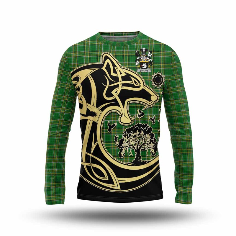 Boulger Irish Tartan Long Sleeve T-Shirt with Coat of Arms Celtic Wolf Style