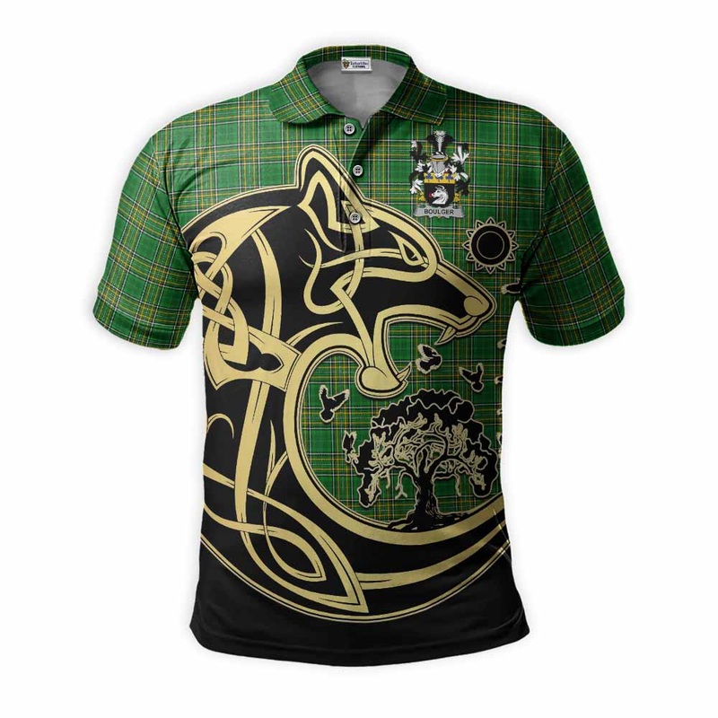 Boulger Irish Tartan Polo Shirt with Coat of Arms Celtic Wolf Style