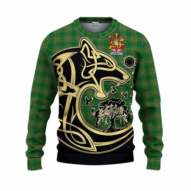 Bourke Irish Tartan Knitted Sweater with Coat of Arms Celtic Wolf Style