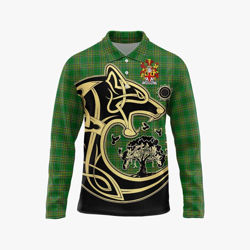 Bourke Irish Tartan Long Sleeve Polo Shirt with Coat of Arms Celtic Wolf Style