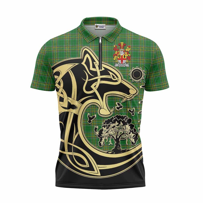 Bourke Irish Tartan Zipper Polo Shirt with Coat of Arms Celtic Wolf Style