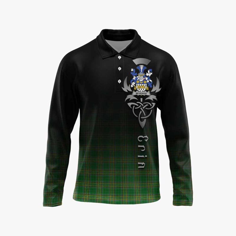 McVeagh Irish Clan Long Sleeve Polo Shirt with Coat of Arms Erin Go Bragh Celtic Inspired