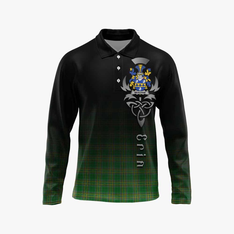 Meacham Irish Clan Long Sleeve Polo Shirt with Coat of Arms Erin Go Bragh Celtic Inspired