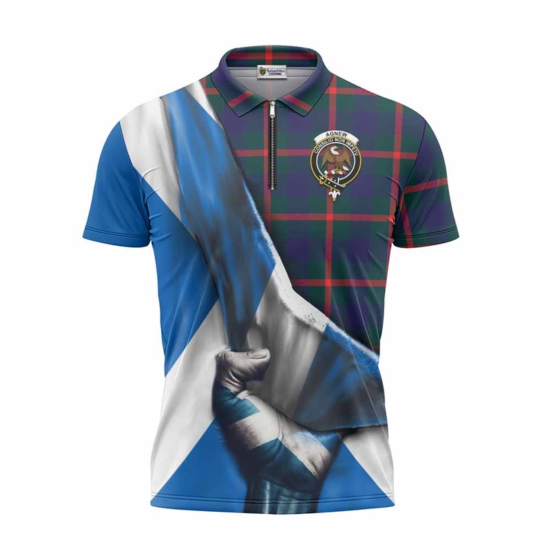 Agnew Tartan Zipper Polo Shirt with Family Crest Scotland Patriotic Style