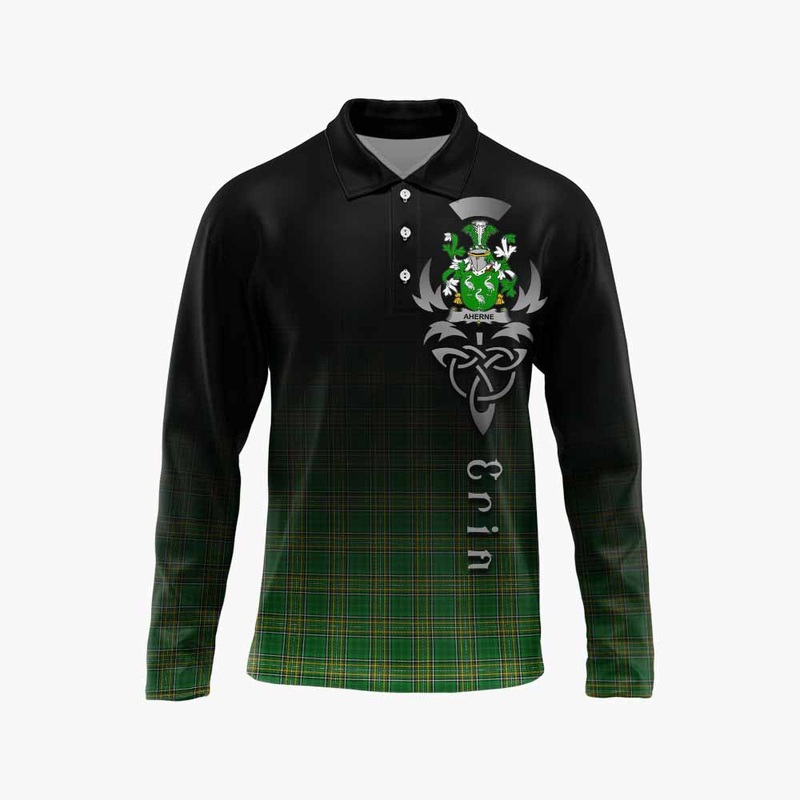 Aherne Irish Clan Long Sleeve Polo Shirt with Coat of Arms Erin Go Bragh Celtic Inspired