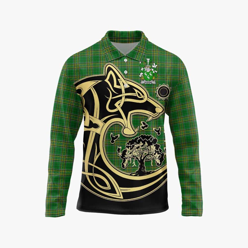 Aherne Irish Tartan Long Sleeve Polo Shirt with Coat of Arms Celtic Wolf Style