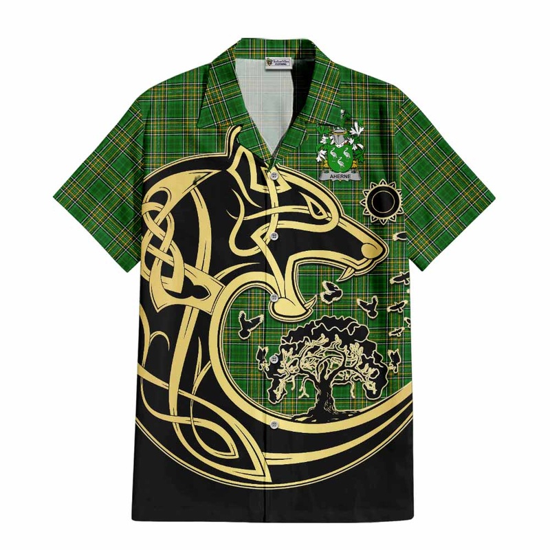 Aherne Irish Tartan Short Sleeve Button Shirt with Coat of Arms Celtic Wolf Style