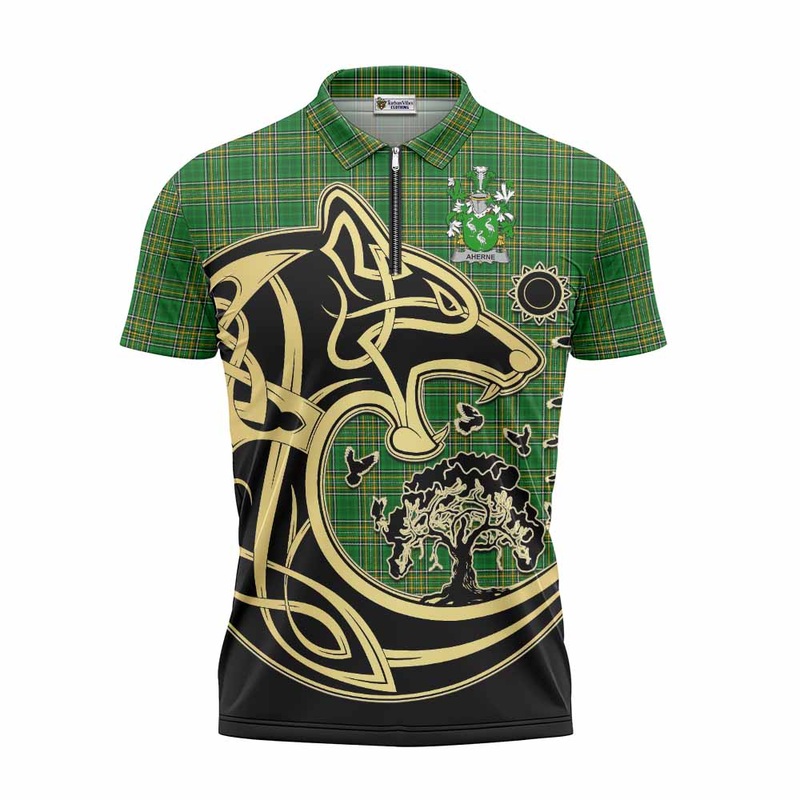 Aherne Irish Tartan Zipper Polo Shirt with Coat of Arms Celtic Wolf Style