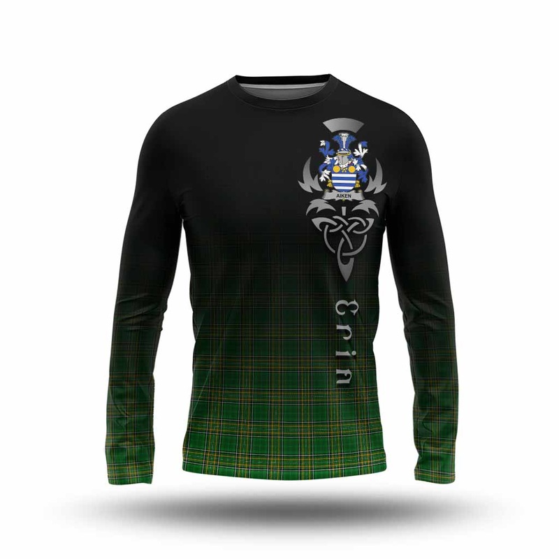 Aiken Irish Clan Long Sleeve T-Shirt with Coat of Arms Erin Go Bragh Celtic Inspired